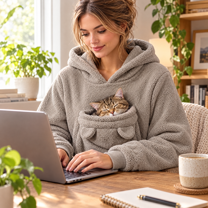 Télétravail avec le chat endormi dans la poche du Pawmi Hoodie gris