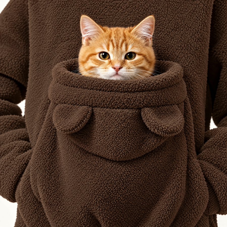 Gros plan de la poche polaire du Pawmi Hoodie avec un chaton
