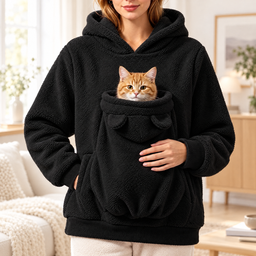 Pawmi Hoodie Noir Minuit avec un chat roux dans la poche