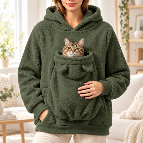 Pawmi Hoodie Vert Forêt avec un chat tigré dans la poche