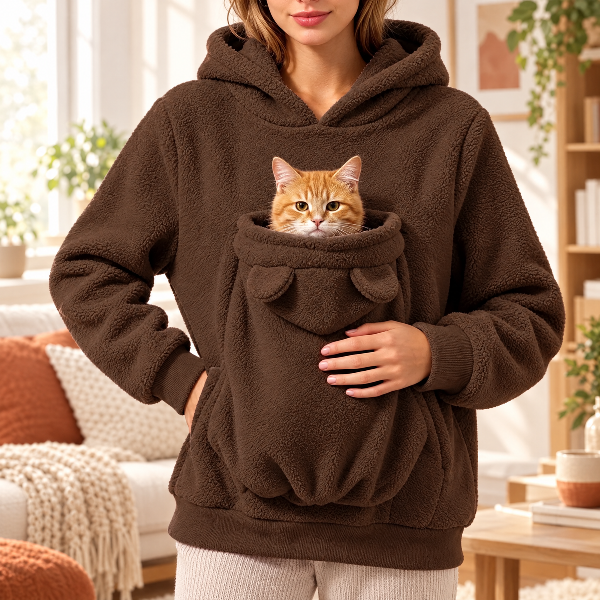 Pawmi Hoodie brun cacao avec un chat roux dans la poche