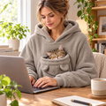 Télétravail avec le chat endormi dans la poche du Pawmi Hoodie gris