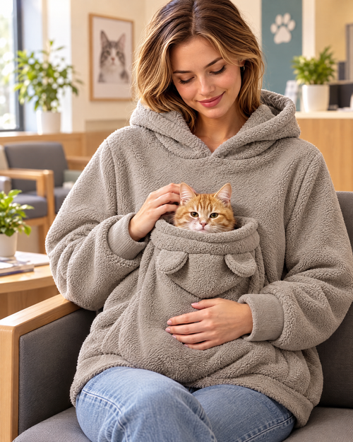 Chat rassuré dans la poche du Pawmi Hoodie chez le vétérinaire