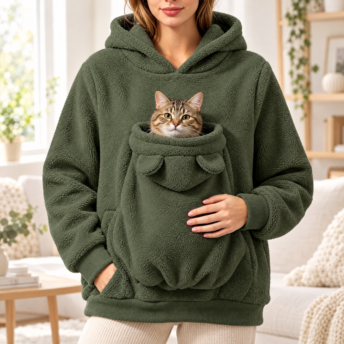 Pawmi Hoodie Vert Forêt avec un chat tigré dans la poche