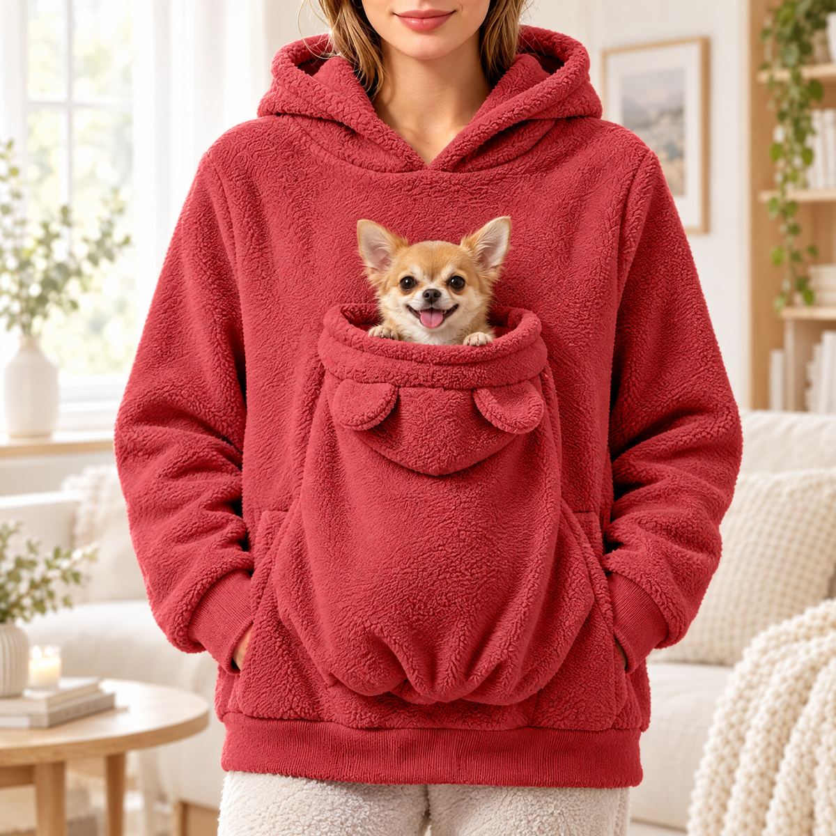 Pawmi Hoodie Rouge Cerise avec un Chihuahua dans la poche